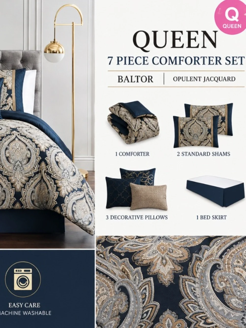Queen Baldor 7-Piece Comforter Set in Navy and Cream